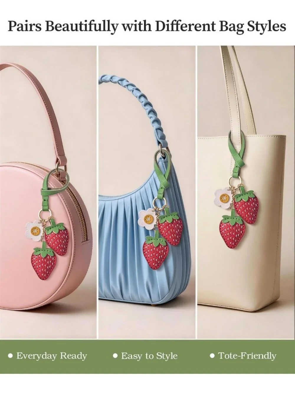 Handmade Strawberry Bag Charm | Double-Sided Leather Purse Accessory for Totes